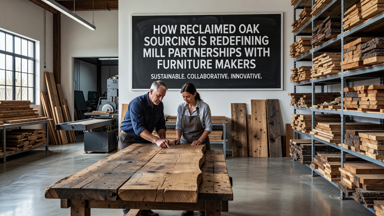 Furniture makers and mill operators reviewing reclaimed oak planks during a joint quality assessment session