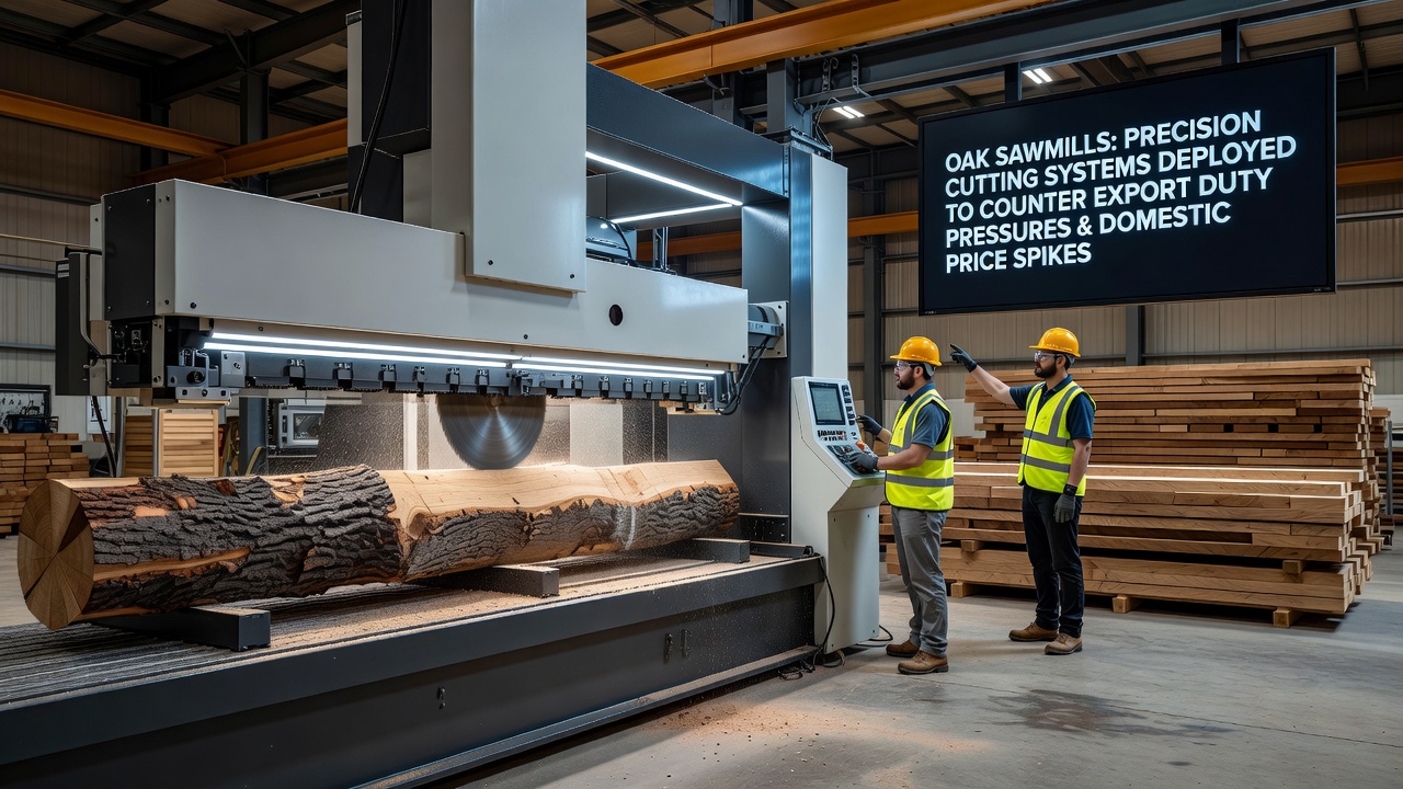 Technician monitoring a computer-controlled oak cant optimizer inside a modern sawmill
